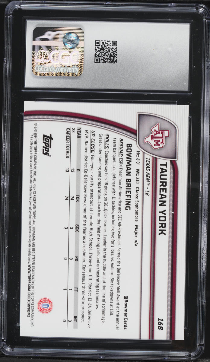 2024 Bowman University Chrome Yellow Refractor Taurean York ROOKIE /75 #168 CGC 10 GEM MINT