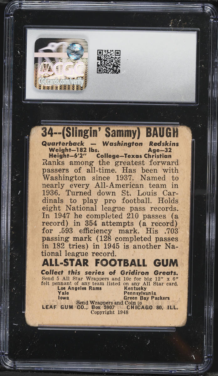 1948 Leaf Football Sammy Baugh ROOKIE #34 CGC 2 GD