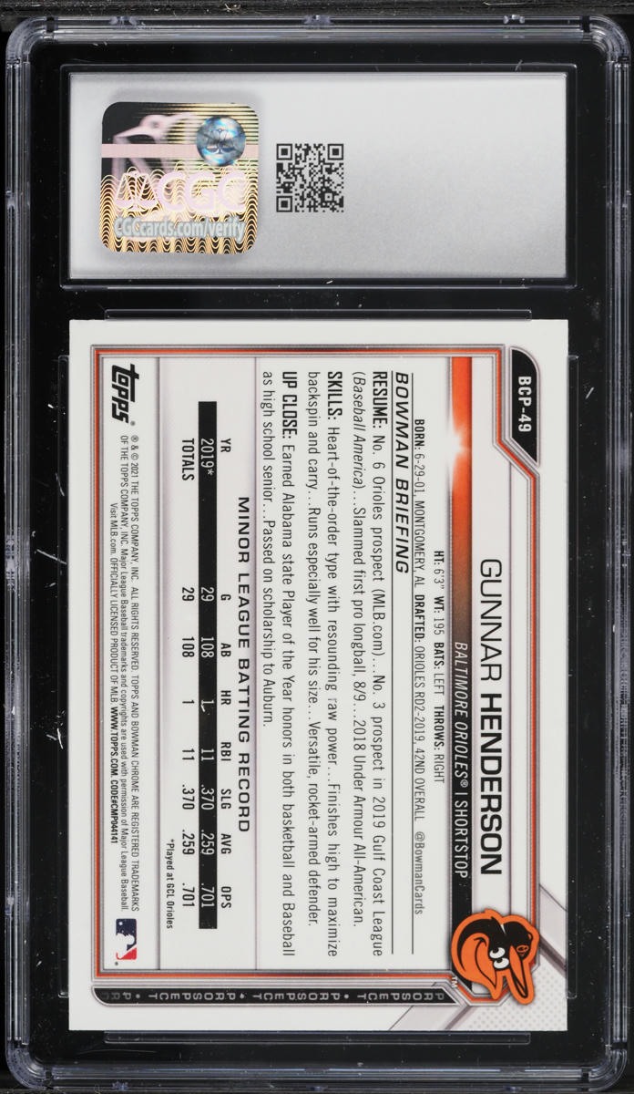 2021 Bowman Chrome Gunnar Henderson PROSPECT #BCP-49 CGC 9 MINT