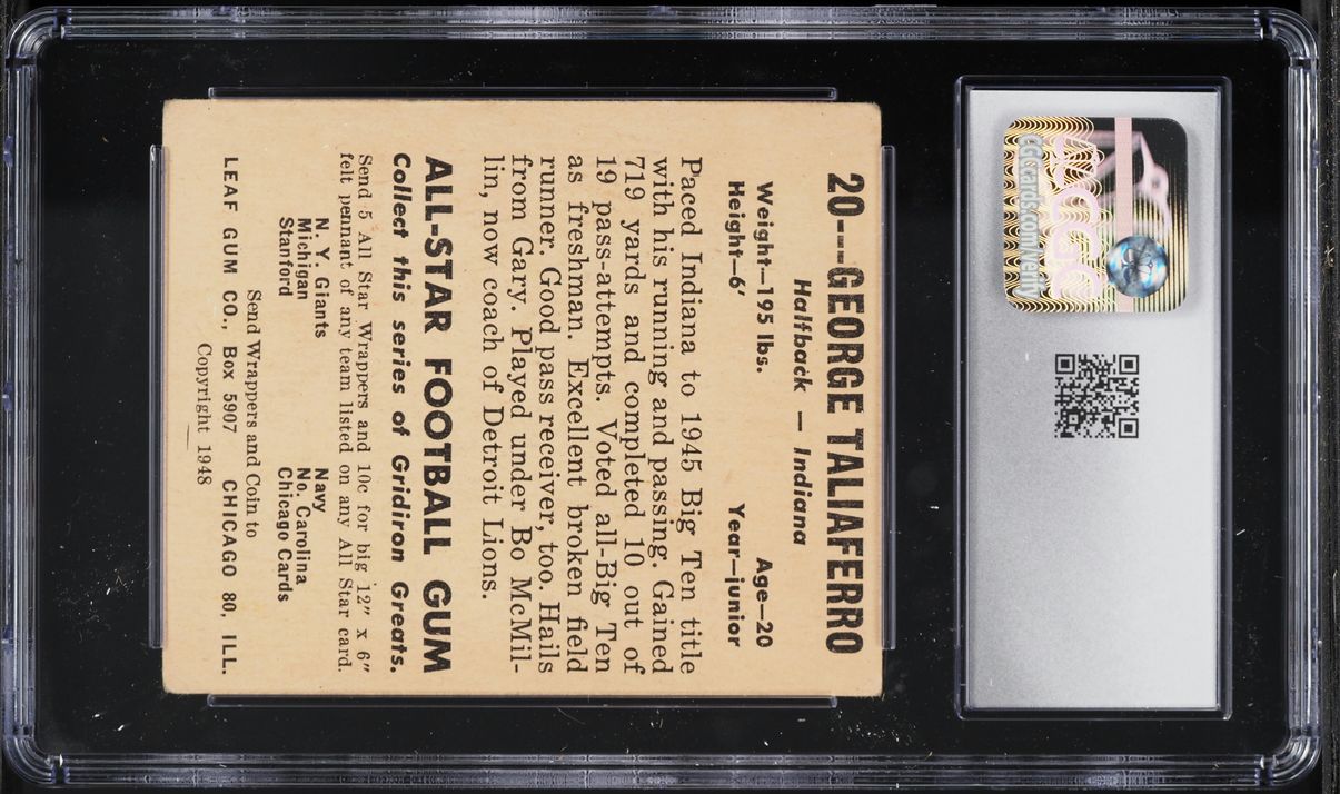 1948 Leaf Football Yellow Background George Taliaferro ROOKIE #20 CGC 4 VGEX