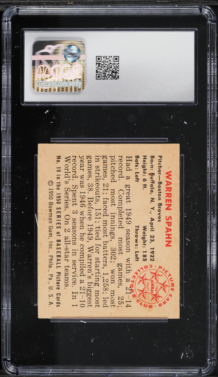 1950 Bowman Warren Spahn #19 CGC 6 EXMT