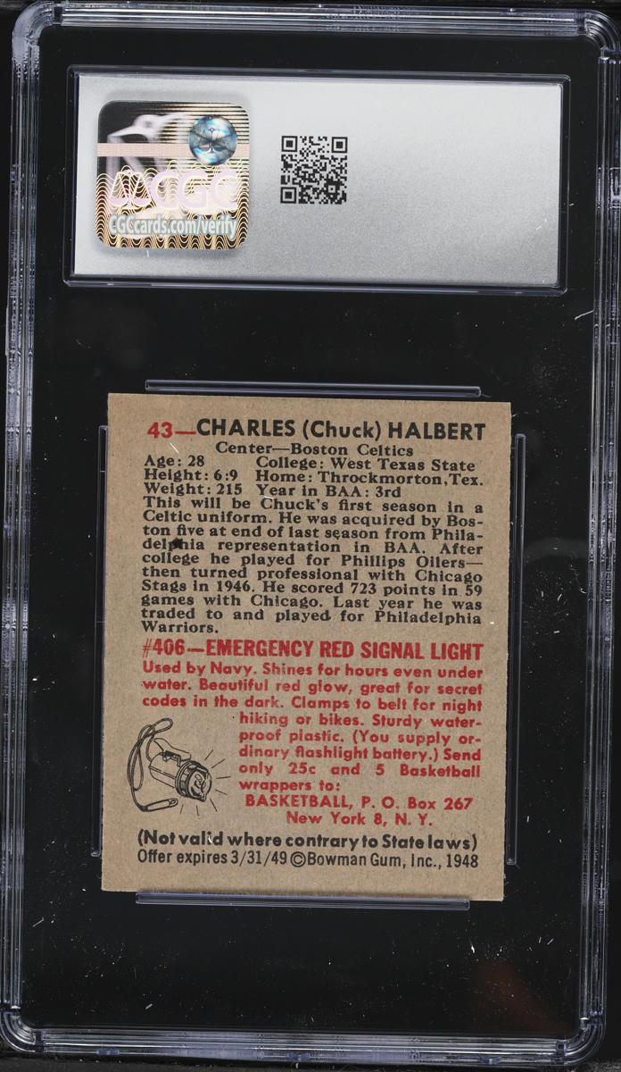 1948 Bowman Basketball Chuck Halbert #43 CGC 7 NRMT