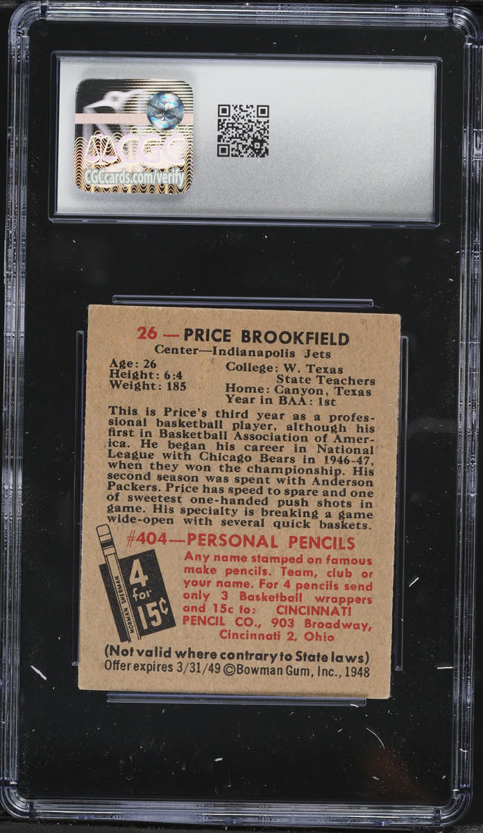 1948 Bowman Basketball Price Brookfield #26 CGC 6 EXMT