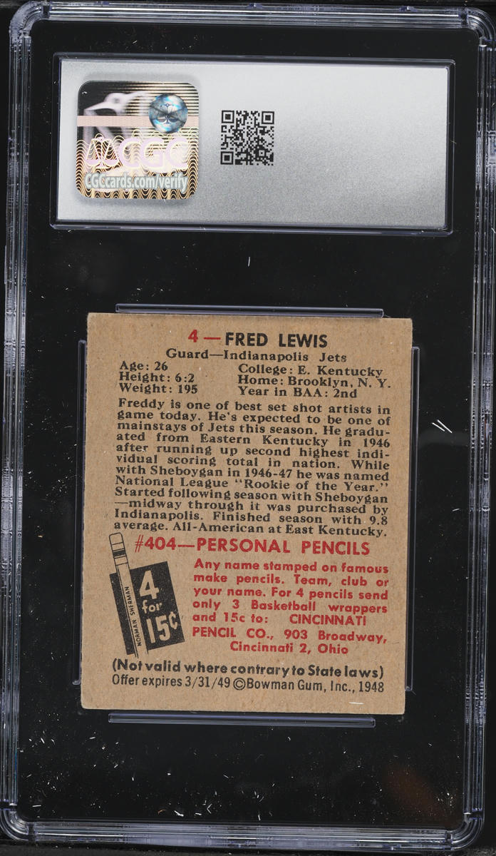 1948 Bowman Basketball Fred Lewis #4 CGC 5 EX