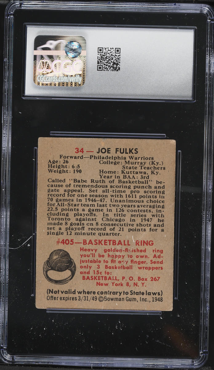 1948 Bowman Basketball Joe Fulks #34 CGC 1.5 FR