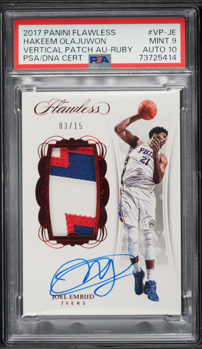 2017 Panini Flawless Vertical Ruby Joel Embiid PATCH AUTO DNA 10 /15 #VP-JE PSA 9 MINT
