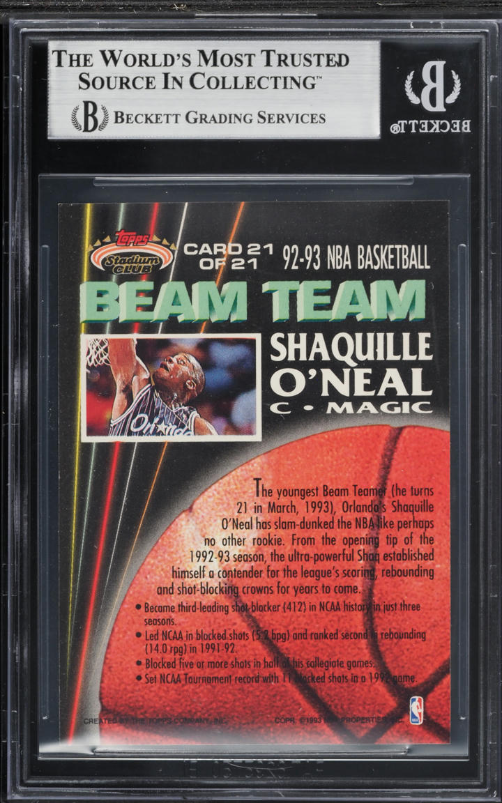 1992 Stadium Club Beam Team Shaquille O'Neal ROOKIE #21 BGS 8 NM-MT