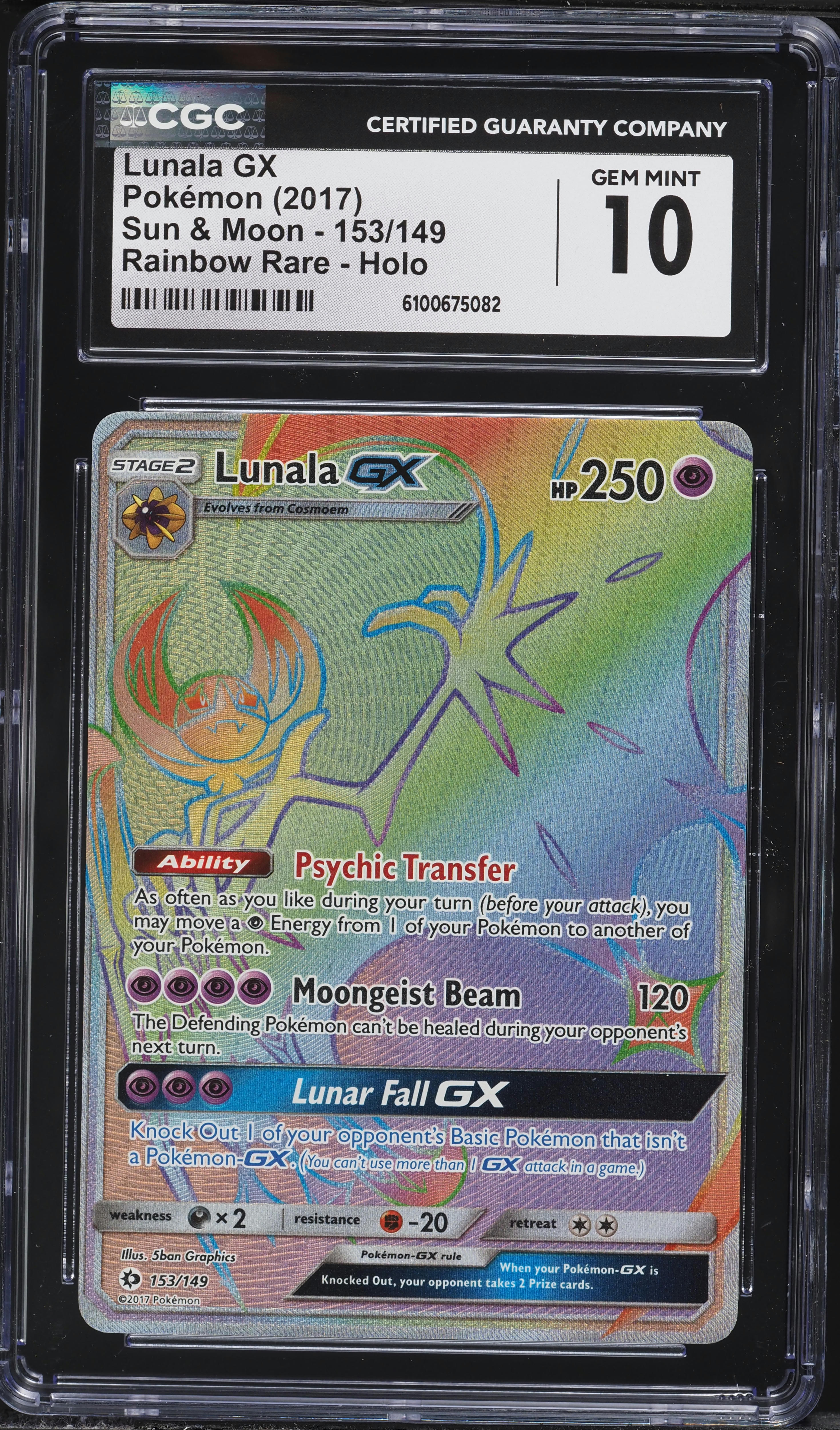 2017 Pokemon Sun & Moon Rainbow Rare Lunala GX #153 CGC 10 GEM
