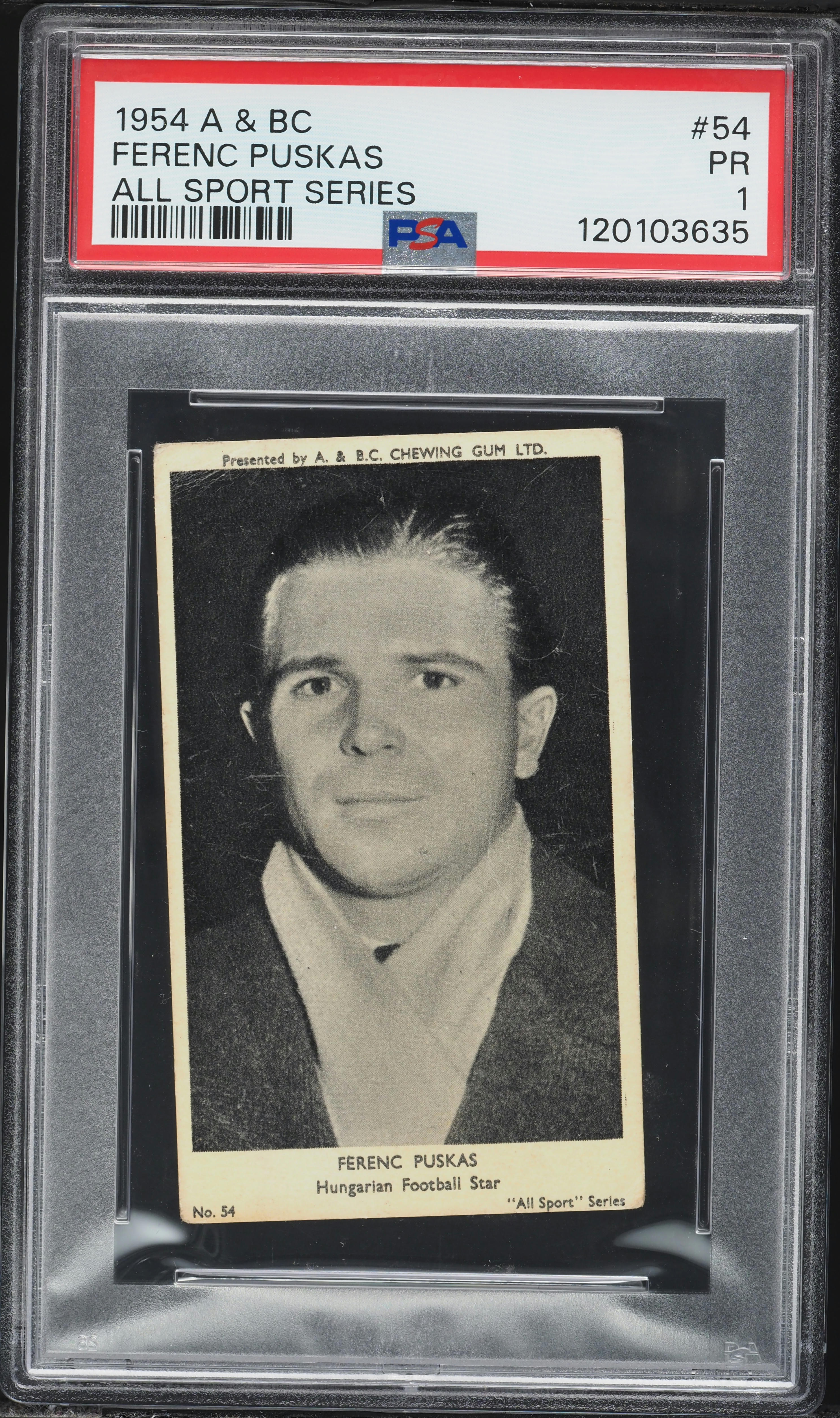 1954 A & BC All Sport Series Soccer Ferenc Puskas ROOKIE #54 PSA 1