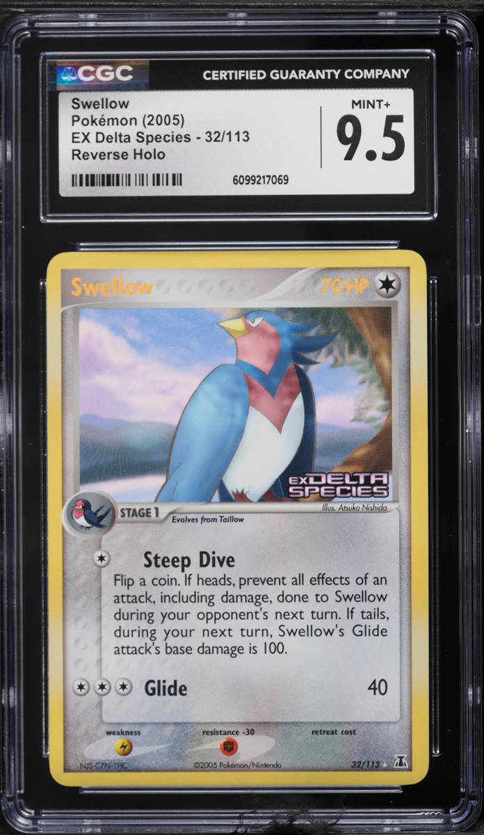 swellow pokemon card value 2005 EX Delta Species Reverse Holo #32 CGC 9.5 MINT+ on Fanatics Collect Pokémon Hit Points90 HP Form Swellow Ohsubame Swallow Card No.5