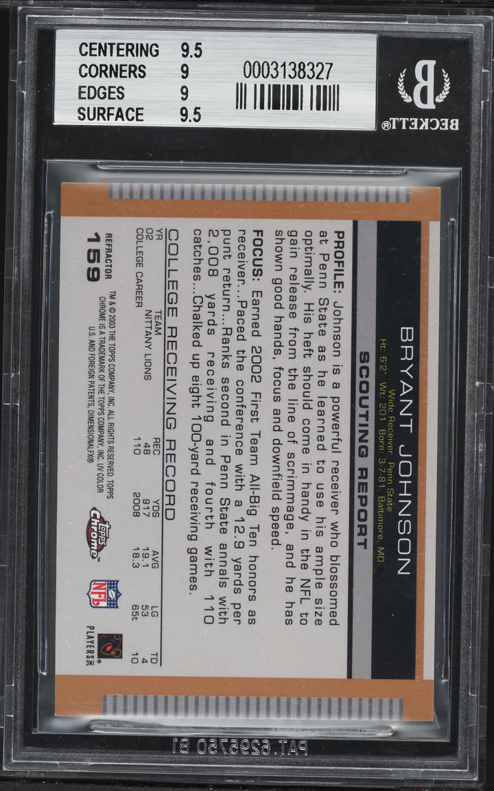 2003 Topps Chrome Draft Picks & Prospects Gold Refractors Bryant Johnson ROOKIE #159 BGS 9 MINT