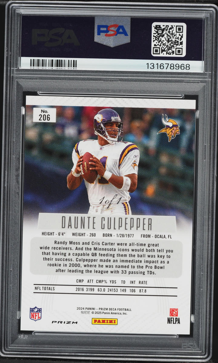 2024 Panini Prizm Deca Black Prizm Daunte Culpepper 1/1 #206 PSA 8 NM-MT