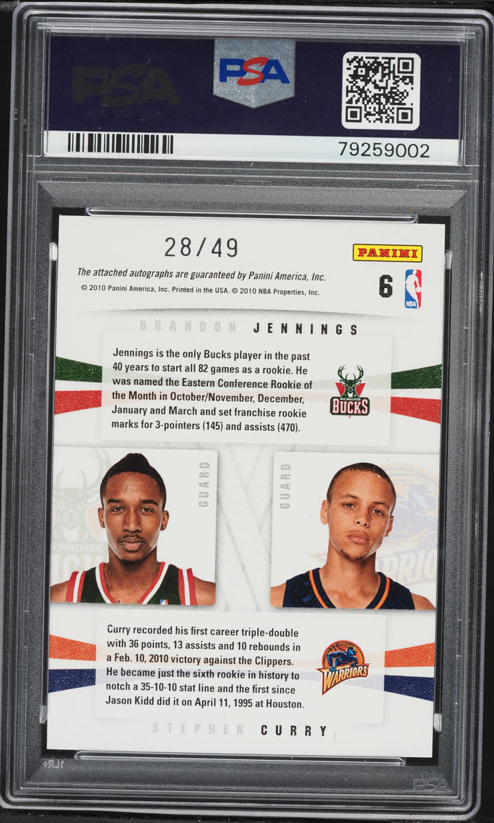 2009 Panini Season Update Rookie Duals Brandon Jennings Stephen Curry ROOKIE AUTO /49 #6 PSA 10