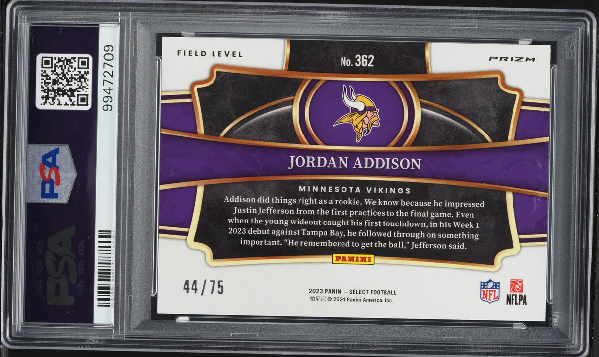 2023 Select Field Level Tri-Color Prizm Jordan Addison ROOKIE /75 #362 PSA 10 GEM MINT
