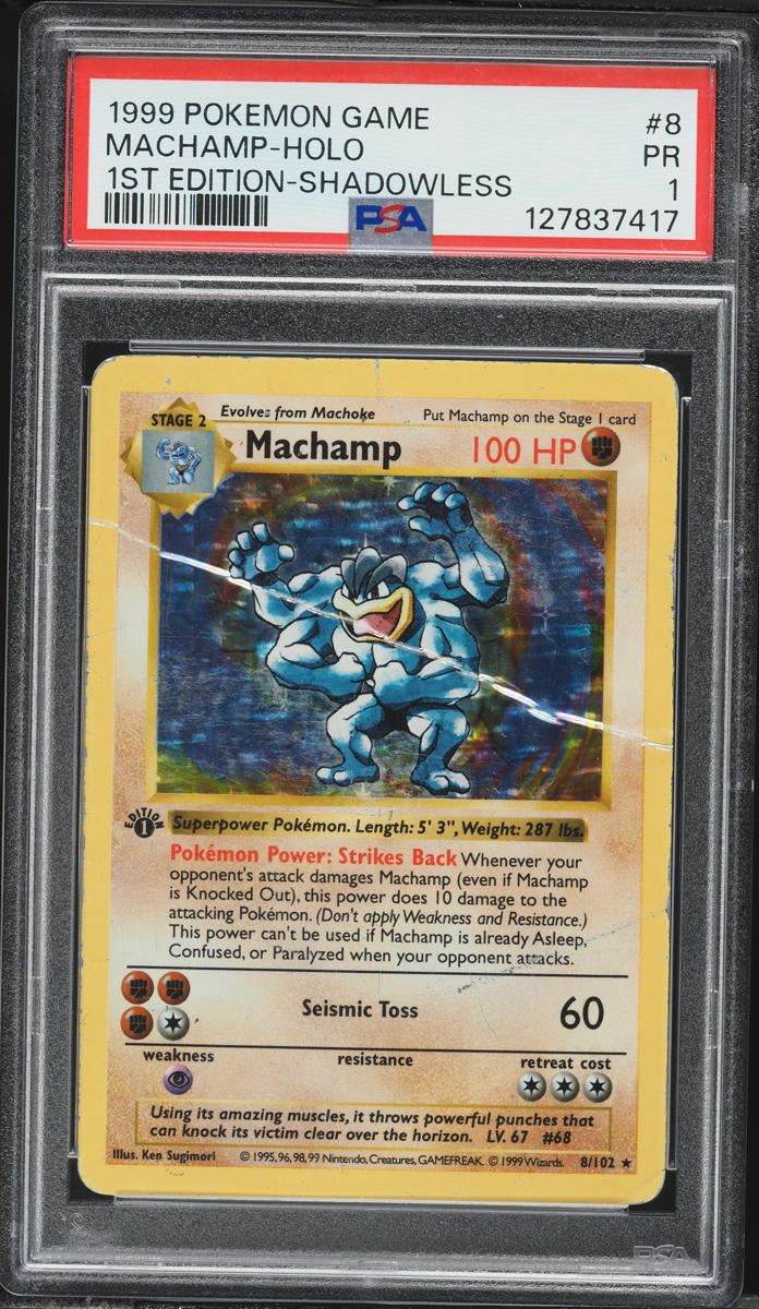 1999 Pokemon Base Set Shadowless 1st Edition Holo Machamp #8 PSA 1 PR