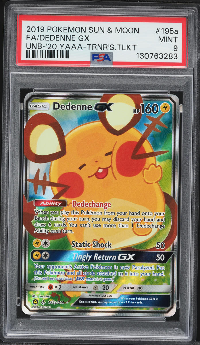 2019 Pokemon Sun & Moon Unbroken Bonds Full Art Dedenne GX #195a PSA 9 MINT