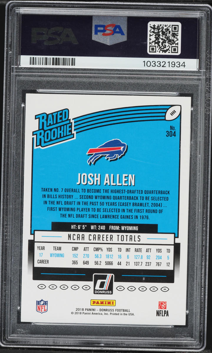 2018 Donruss Football Josh Allen ROOKIE #304 PSA 10 GEM MINT on ...