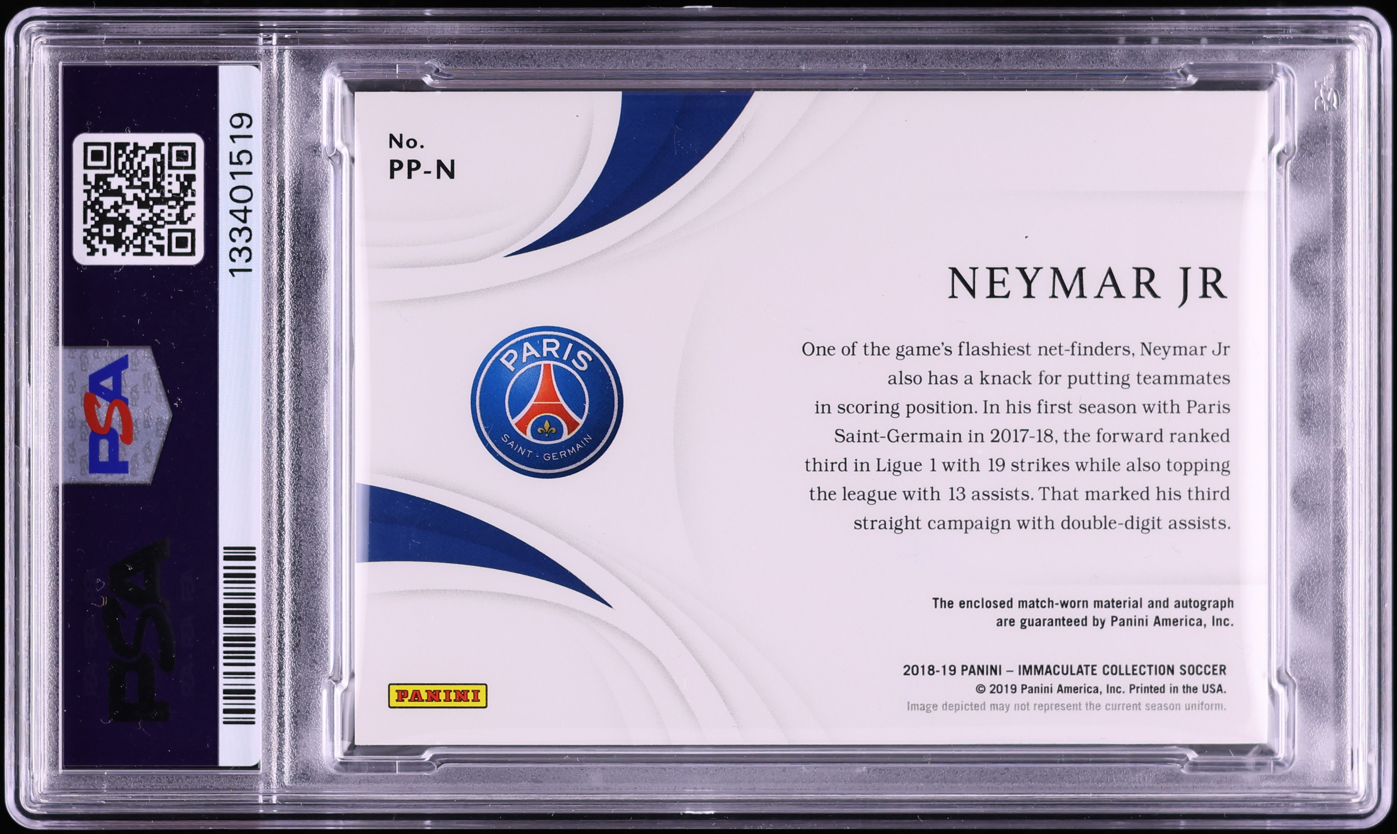 2018 Immaculate Premium Sapphire Neymar Jr PATCH AUTO /8 #PP-N PSA