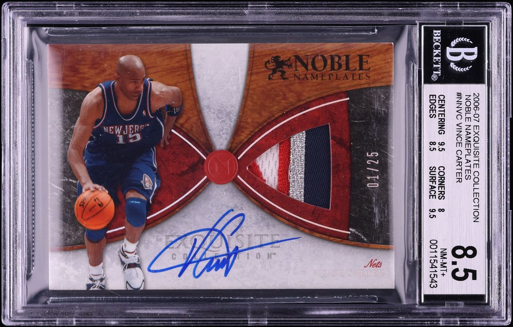 2006 Exquisite Collection Noble Nameplates Vince Carter PATCH AUTO /25 BGS 8.5 NM-MT+