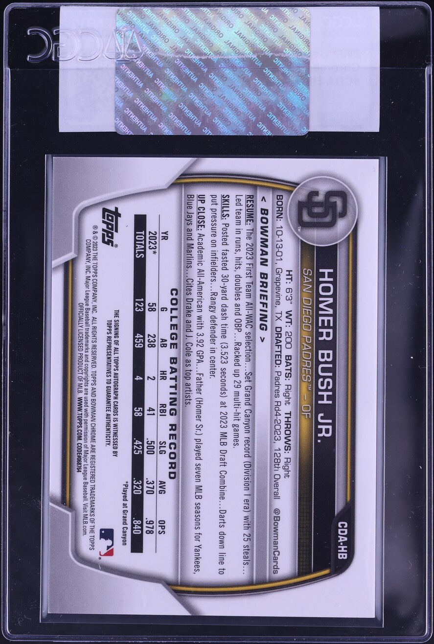2023 Bowman Chrome Draft Homer Bush Jr. PROSPECT AUTO #CDA-HB CGC AUTH