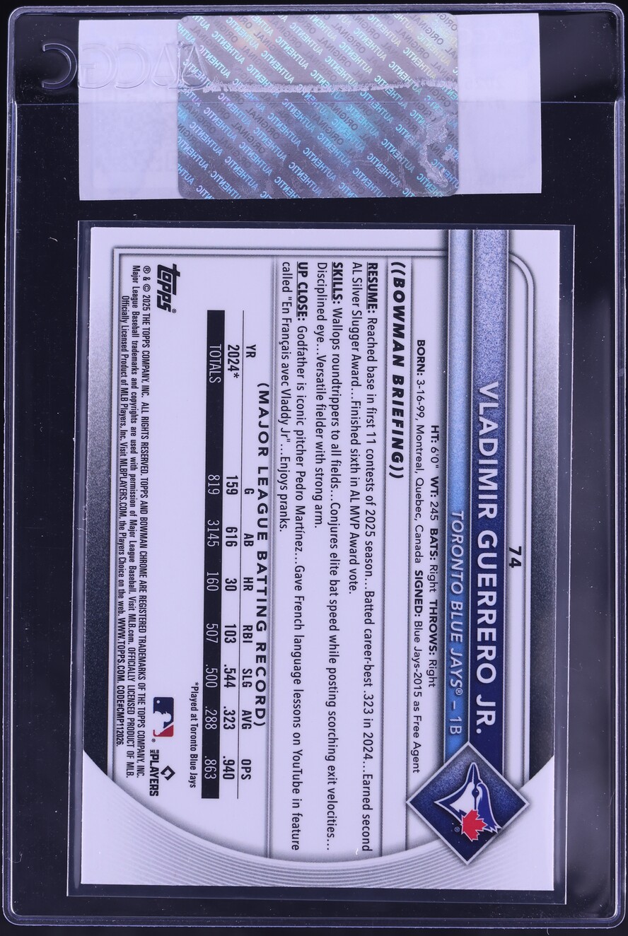 2025 Bowman Chrome Vladimir Guerrero Jr #74 CGC AUTH