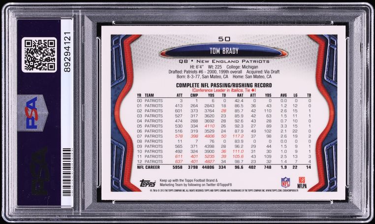 2013 Topps Chrome Football Tom Brady #50 PSA 10 GEM MINT