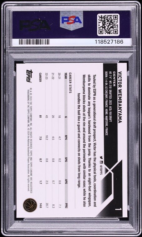 2023 Topps Chrome Sapphire Victor Wembanyama ROOKIE #1 PSA 9 MINT