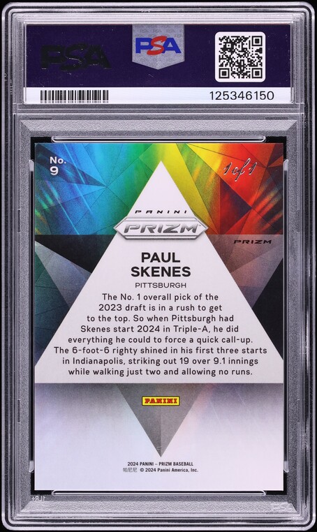2024 Panini Prizm Prizmatic Gold Vinyl Paul Skenes ROOKIE 1/1 #9 PSA 9 MINT
