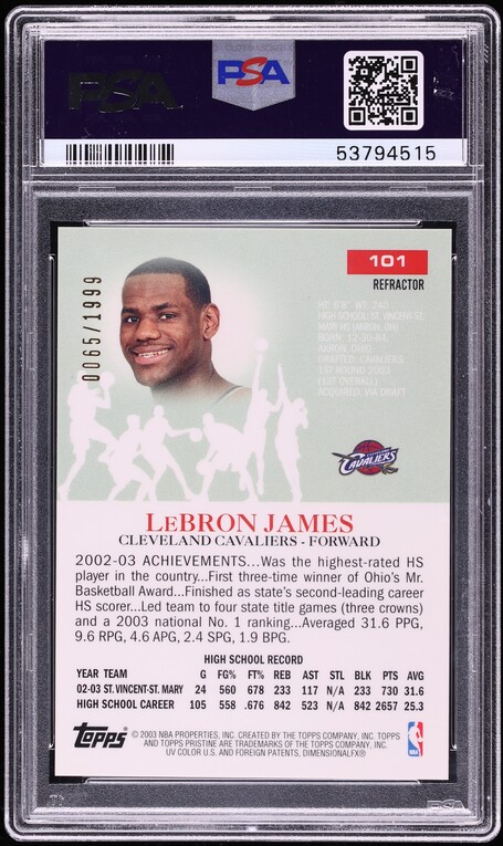 2003 Topps Pristine Refractor LeBron James ROOKIE /1999 #101 PSA 10 GEM MINT