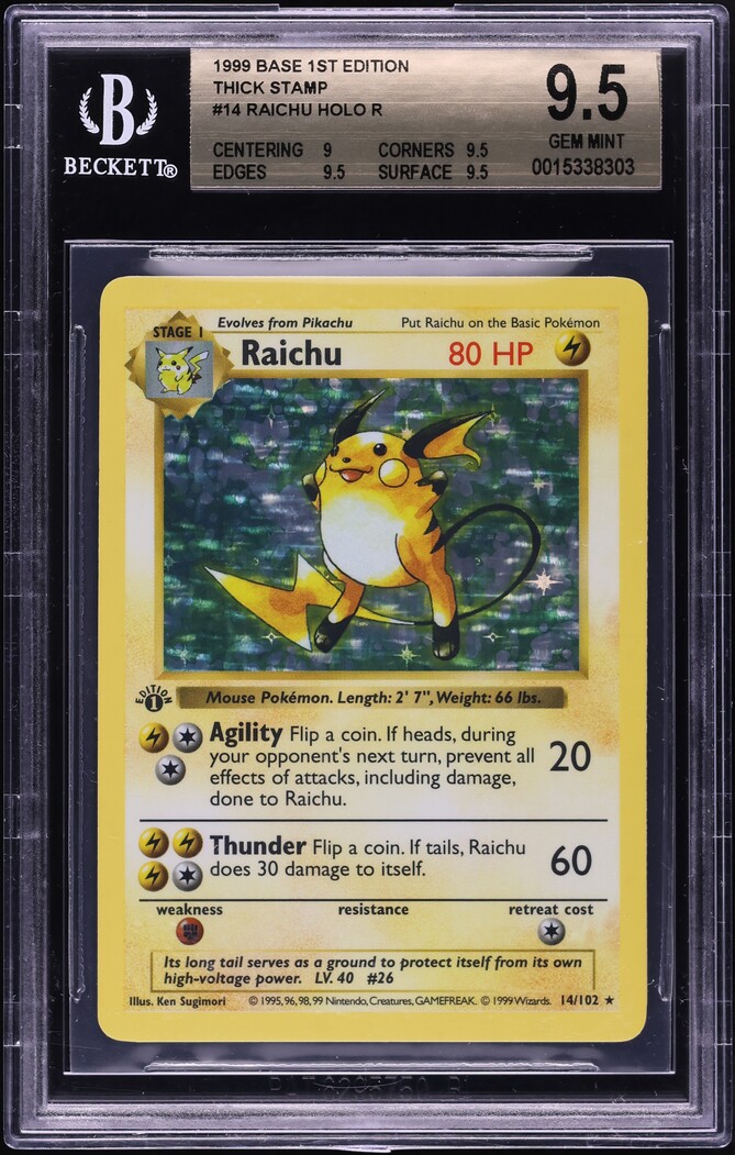 1999 Pokemon Base Set Shadowless 1st Edition Thick Stamp Holo Raichu #14  BGS 9.5 on Fanatics Collect