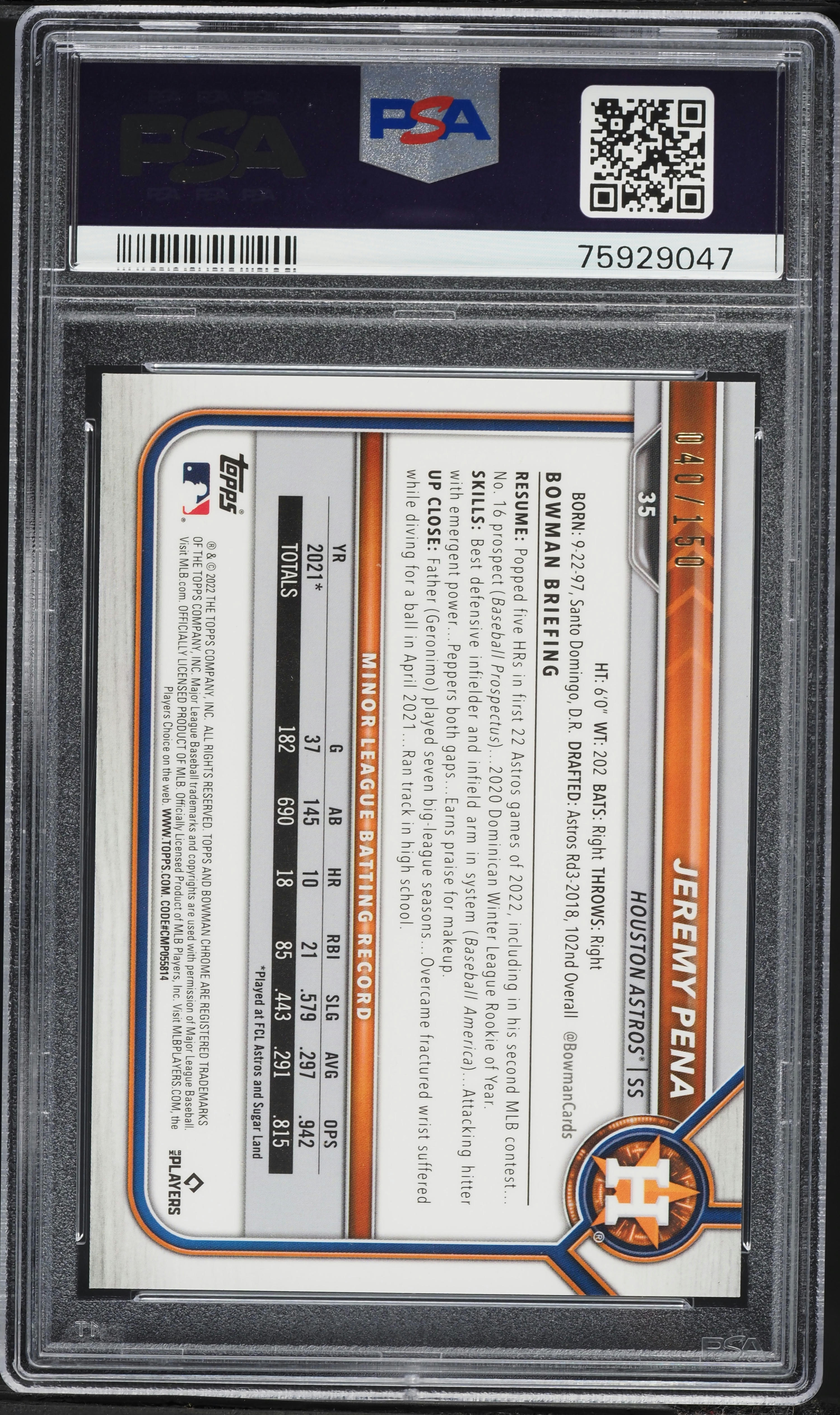 2022 Bowman Chrome Blue Refractor Jeremy Pena ROOKIE /150 #35 PSA