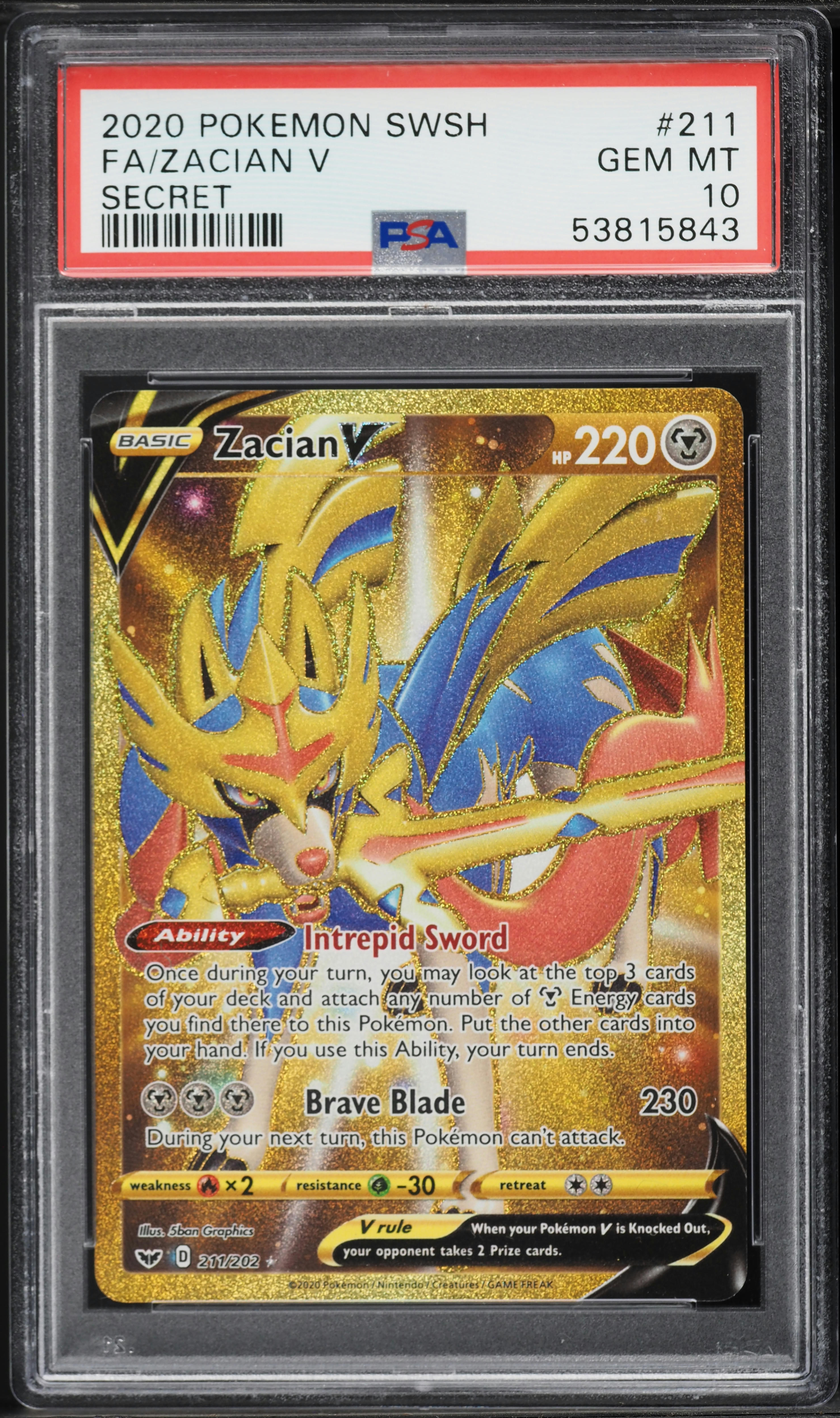 2020 Pokemon Sword & Shield Gold Rare Zacian V #211 PSA 10 GEM
