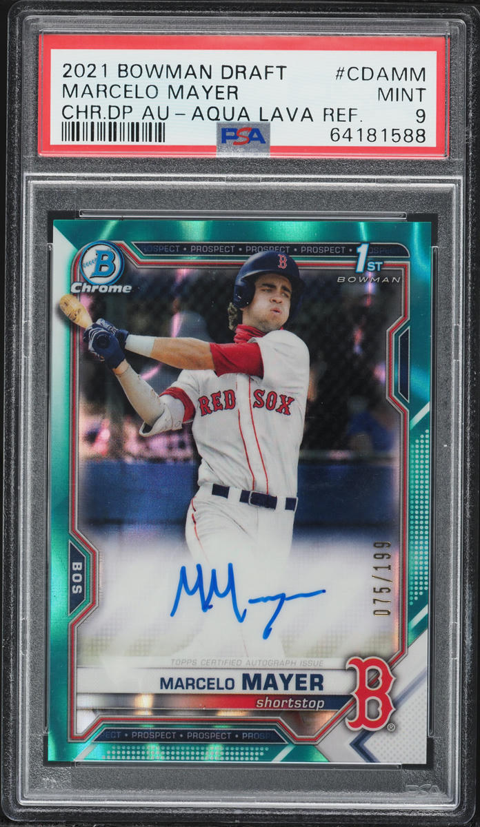 2021 Bowman Chrome Aqua Lava Refractor Marcelo Mayer PROSPECT AUTO /199 PSA 9 MINT