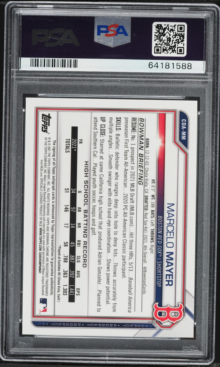 2021 Bowman Chrome Aqua Lava Refractor Marcelo Mayer PROSPECT AUTO /199 PSA 9 MINT