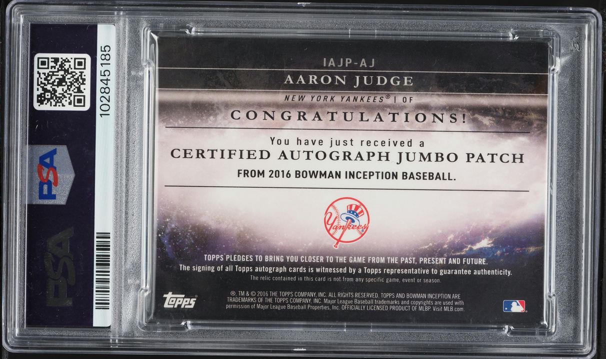 2016 Bowman Inception Jumbo Aaron Judge PATCH AUTO /50 #AJ PSA 7 NRMT