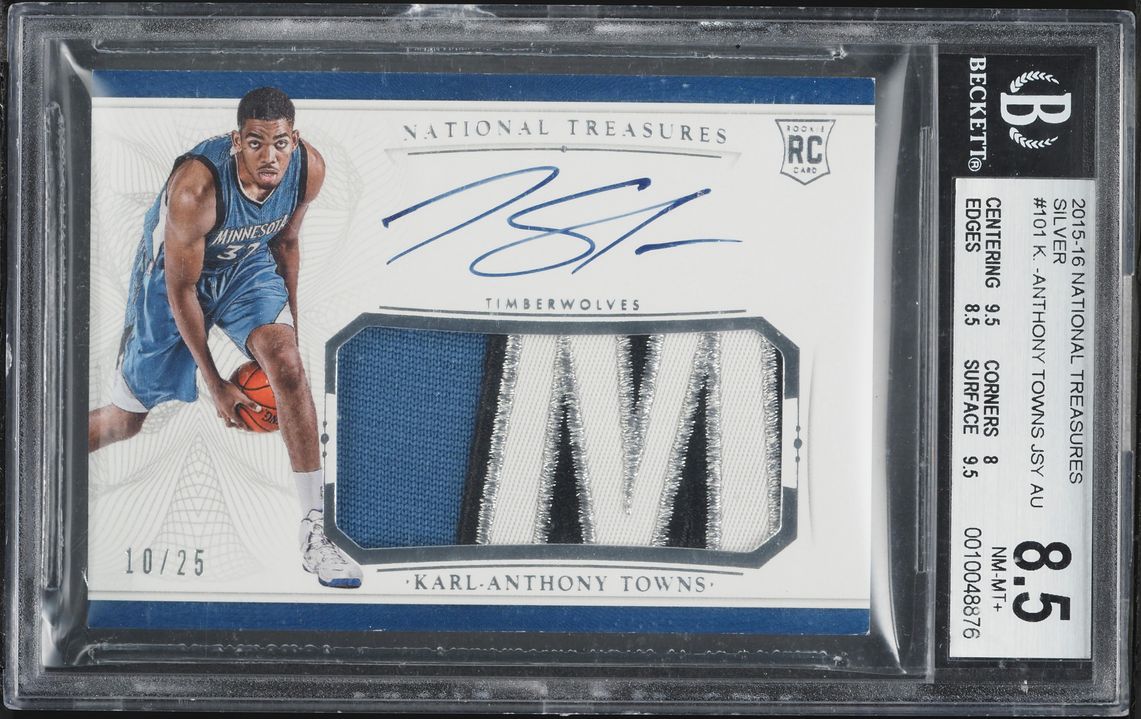 2015 National Treasures Silver Karl-Anthony Towns ROOKIE PATCH AUTO /25 #101 BGS 8.5 NM-MT+