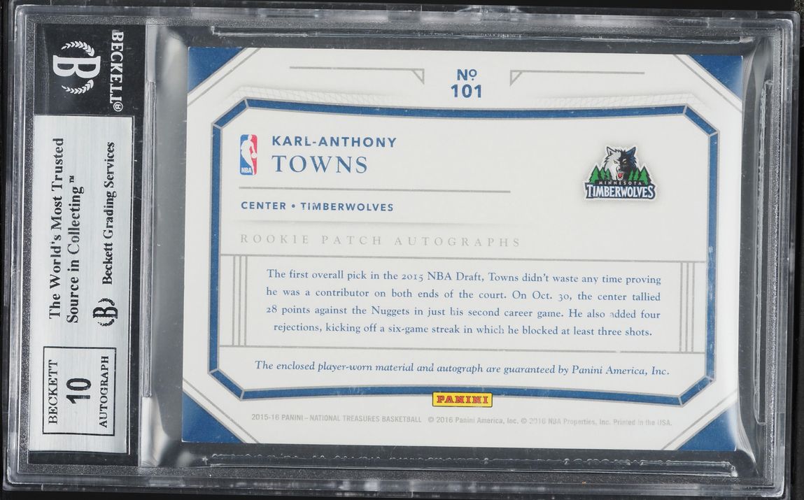 2015 National Treasures Silver Karl-Anthony Towns ROOKIE PATCH AUTO /25 #101 BGS 8.5 NM-MT+