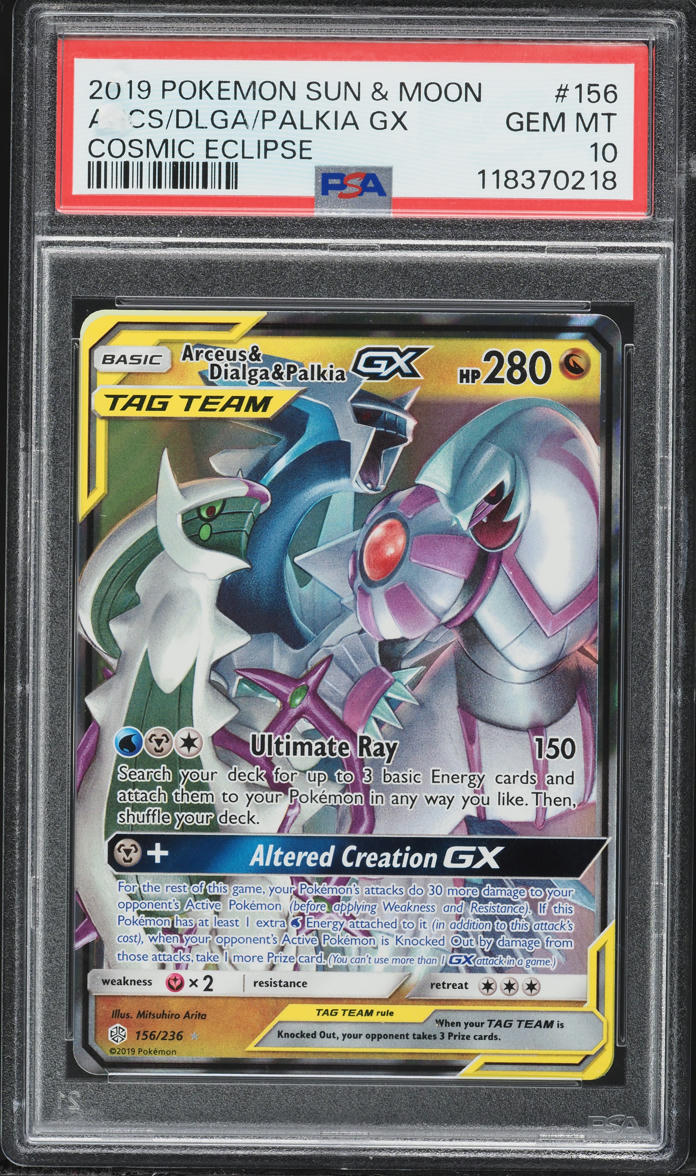 2019 Pokemon Sun & Moon Cosmic Eclipse Holo Arceus & Dialga & Palkia GX #156 PSA 10 GEM MINT