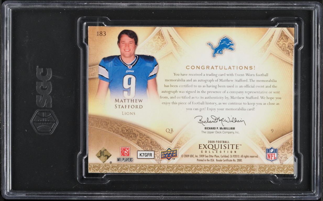 2009 Exquisite Collection Matthew Stafford ROOKIE PATCH AUTO /99 #183 SGC 9 MINT