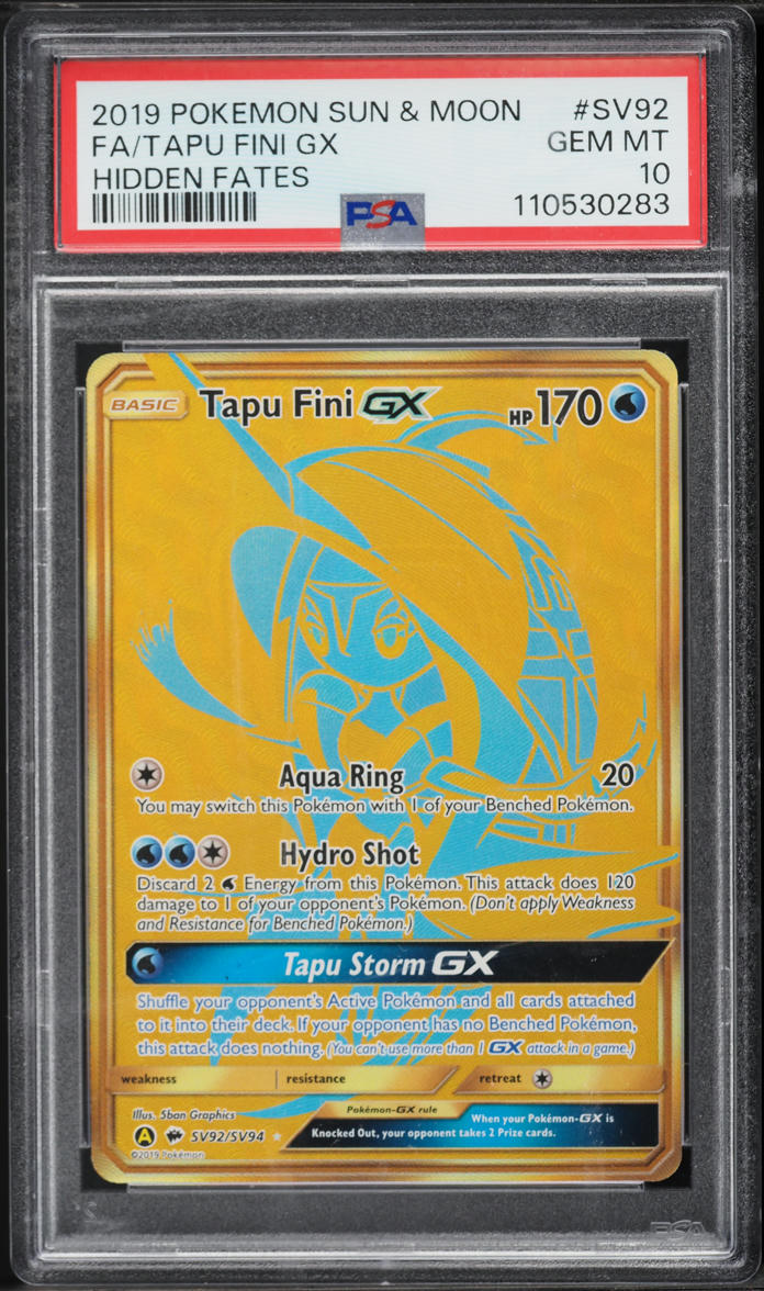 2019 Pokemon Sun & Moon Hidden Fates Gold Rare Tapu Fini GX #SV92 PSA 10 GEM MINT
