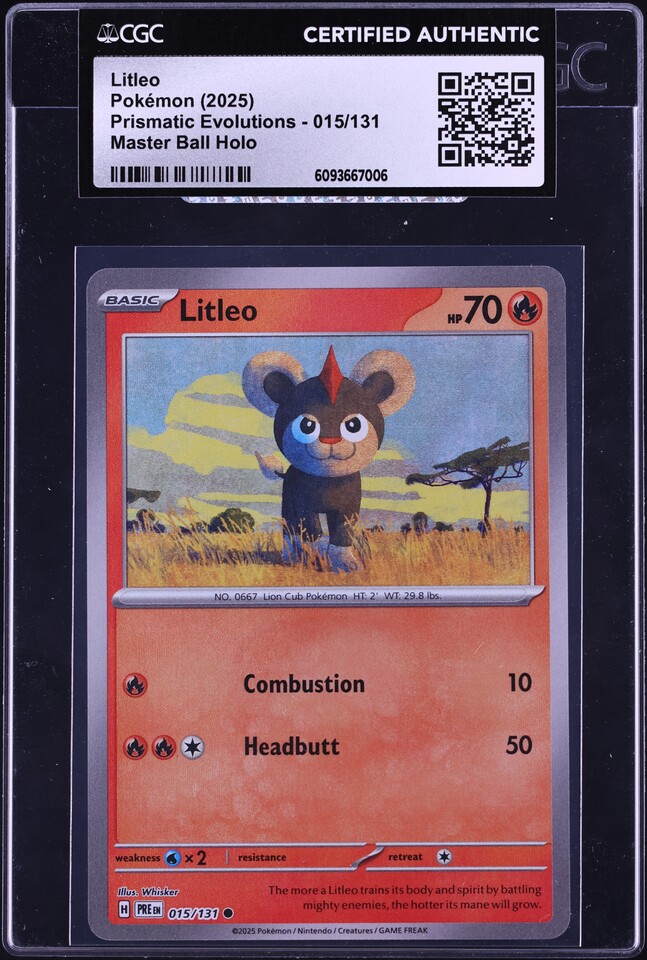 2025 Pokemon Scarlet & Violet Prismatic Evolutions Master Ball Holo Litleo #15 CGC AUTH
