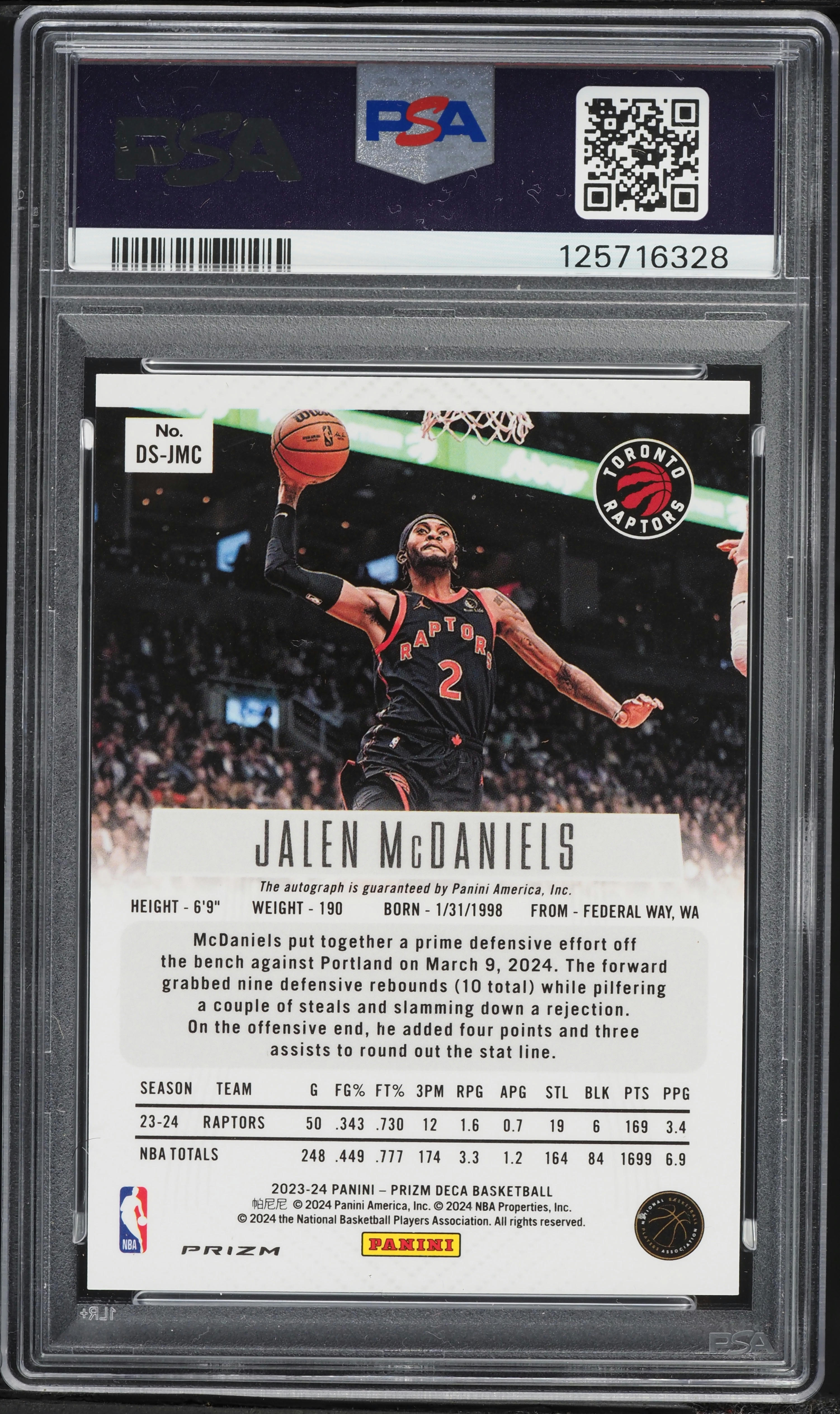 2023 Panini Prizm Deca Silver Jalen McDaniels AUTO #DS-JMC PSA 9