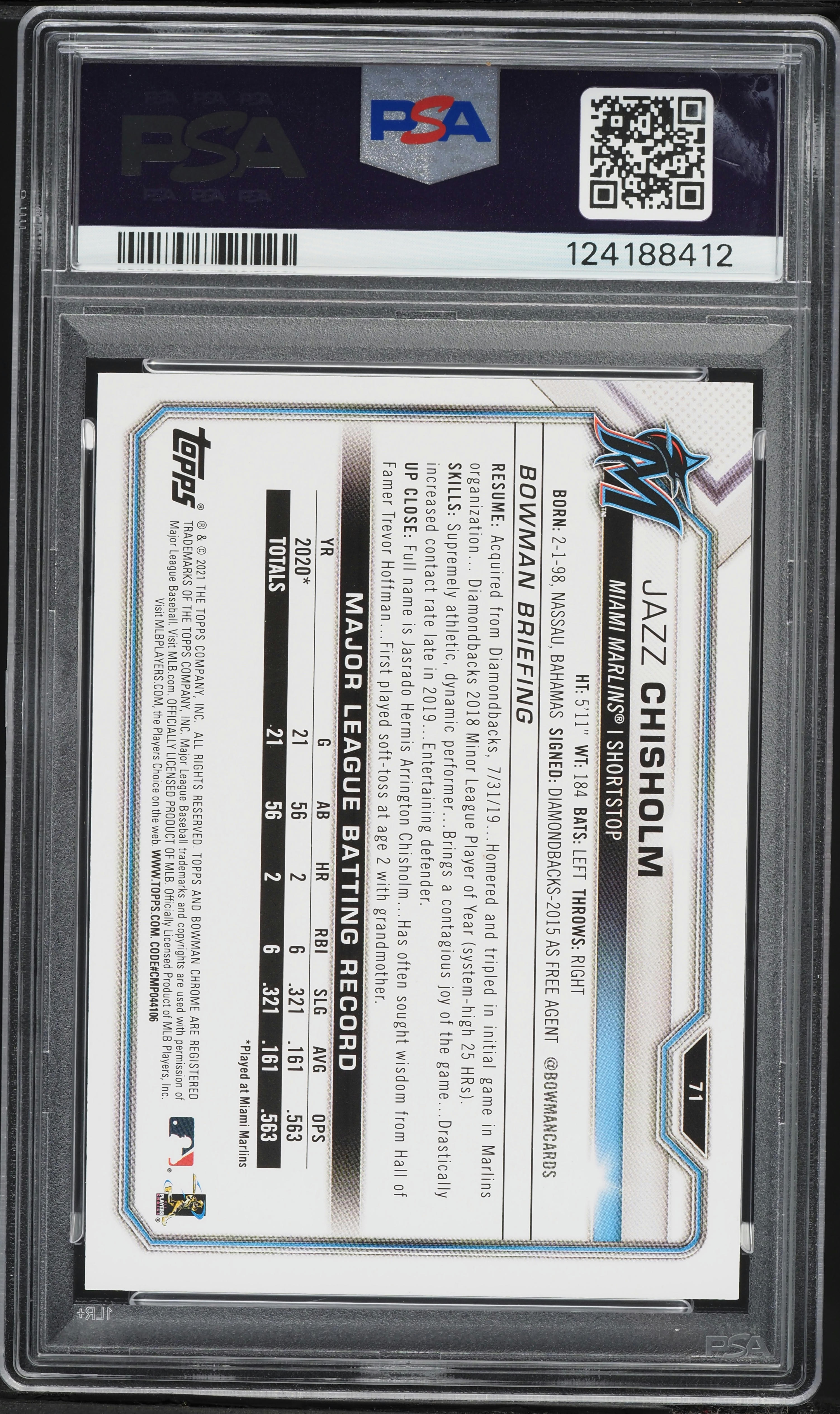 2021 Bowman Orange Jazz Chisholm ROOKIE /25 #71 PSA 10 GEM MINT on
