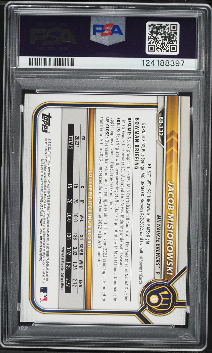 2022 Bowman Draft 1st Edition Jacob Misiorowski #BD-132 PSA 6 EXMT