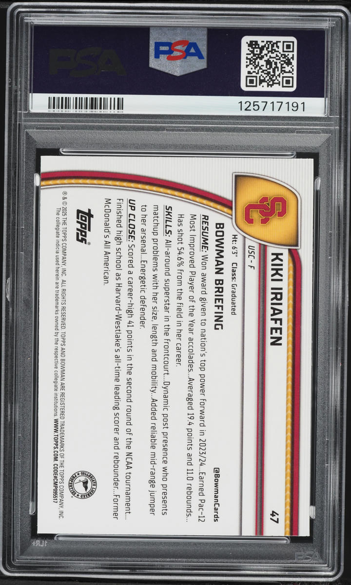 2024 Bowman Chrome University Purple Lava Kiki Iriafen ROOKIE #47 PSA 10 GEM MINT