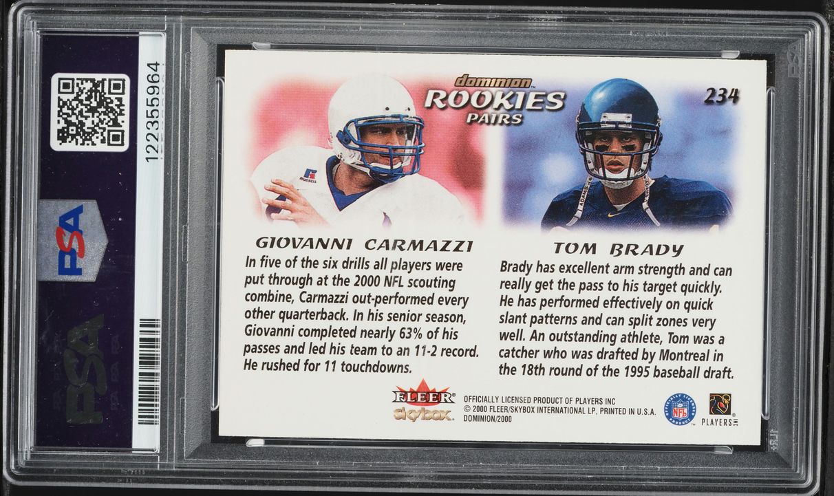 Amazon.com: Tom Brady 2000 Skybox Dominion Football Rookie  2000 Skybox Dominion Tom Brady Carmazzi Rookie RC #234 PSA 8 display picture 1