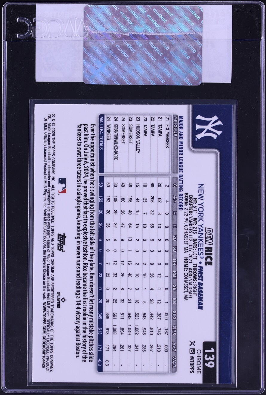2025 Topps Chrome Ben Rice ROOKIE #139 CGC AUTH