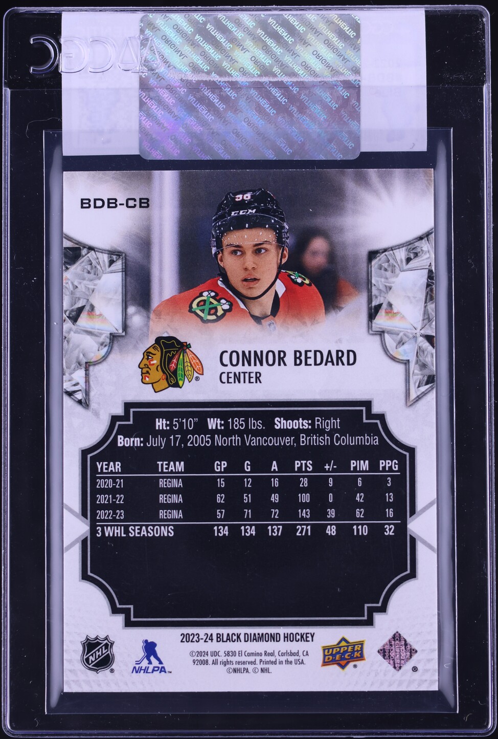 2023 Black Diamond Blue Connor Bedard ROOKIE /25 #BDB-CB CGC AUTH