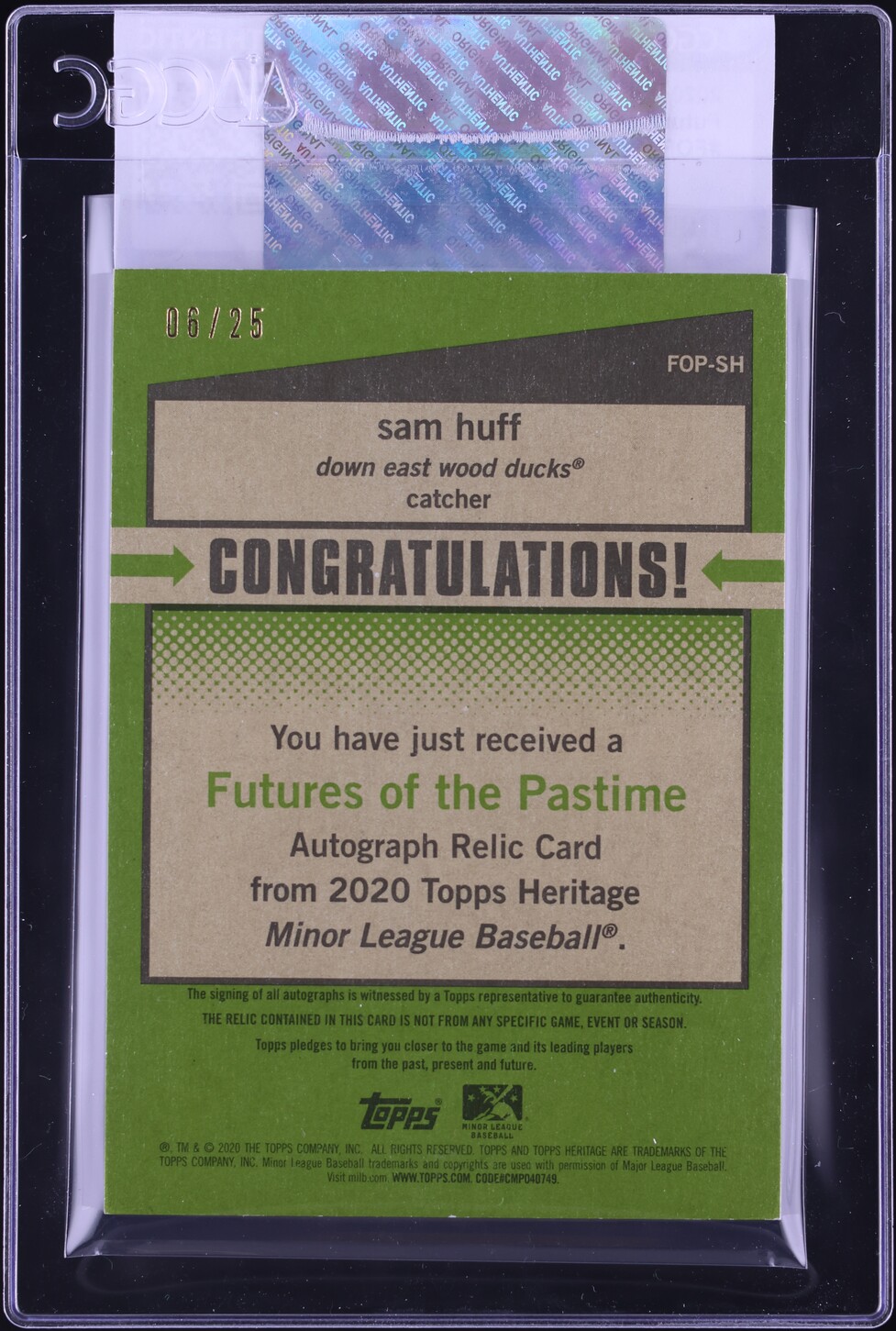 2020 Topps Heritage Minor League Futures Of The Pastime Sam Huff PATCH AUTO /25 #FOPSH CGC AUTH