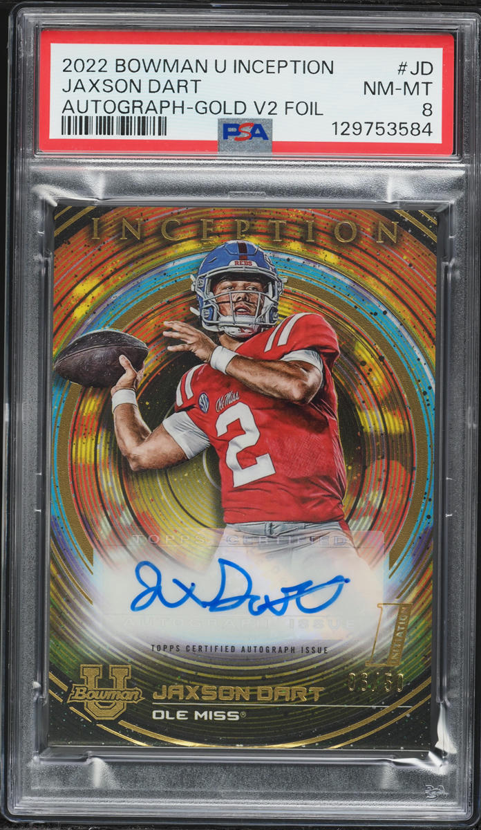 2022 Bowman University Inception Gold V2 Foil Jaxson Dart AUTO /50 #BIA-JD PSA 8 NM-MT